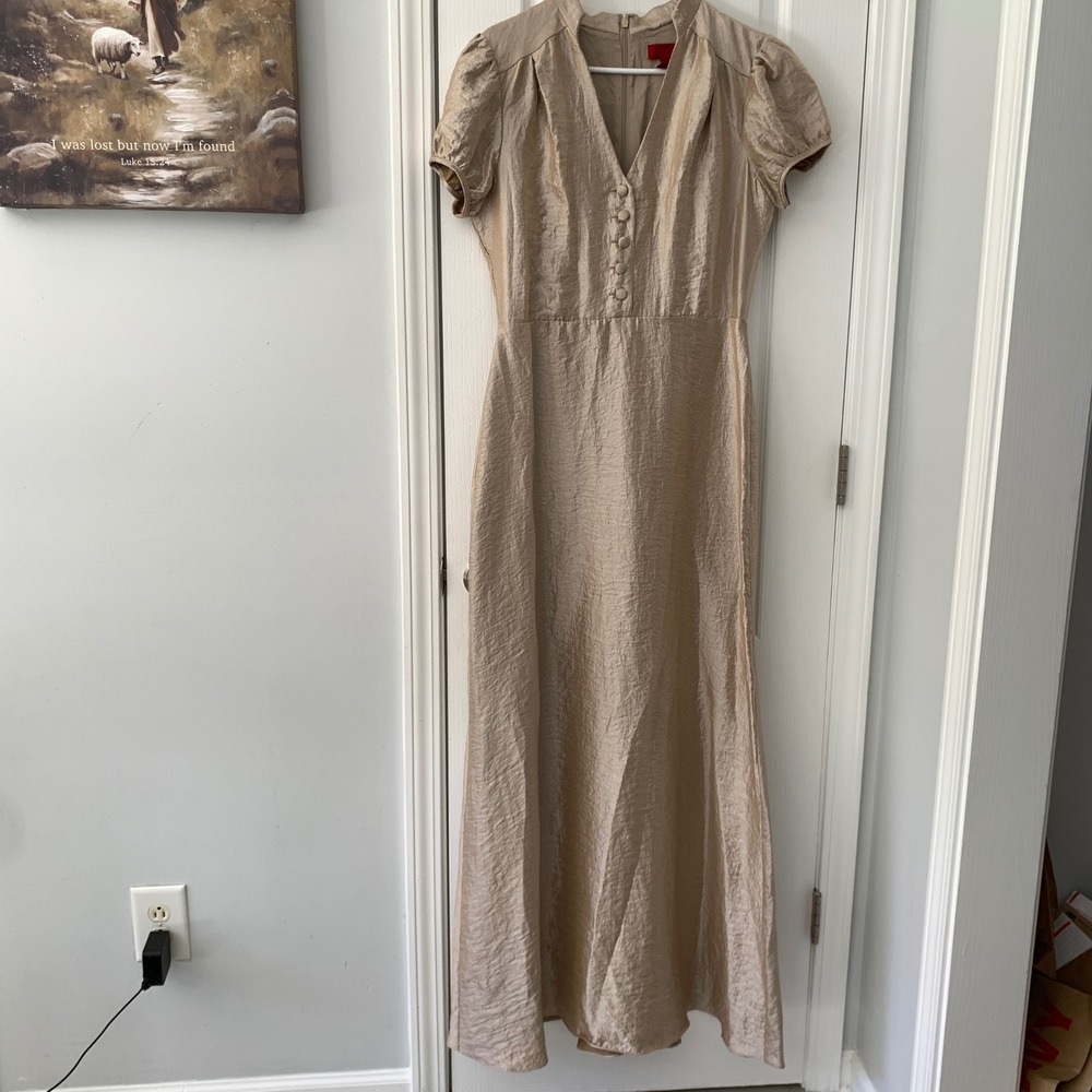 JS Collections Champagne Gold Textured Puff Sleeve V-Neck Maxi Gown Dress Sz 10
